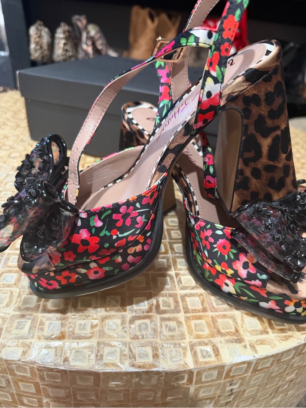 Betsey Johnson Black Floral Appliqué Leopard Platform Heels